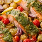 Sheet Pan Pesto Salmon Dinner First Image