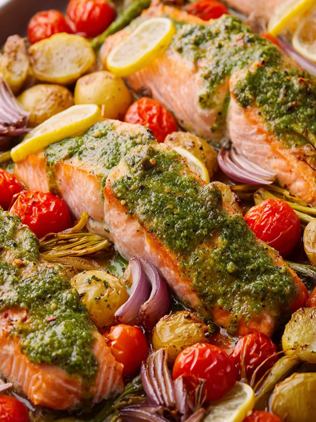 Sheet Pan Pesto Salmon Dinner First Image