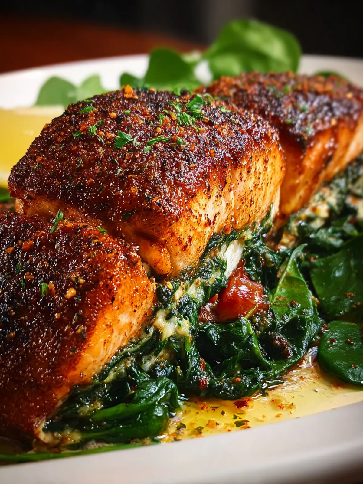 Healthy Blackened Salmon with Spinach & Parmesan Filling First Image