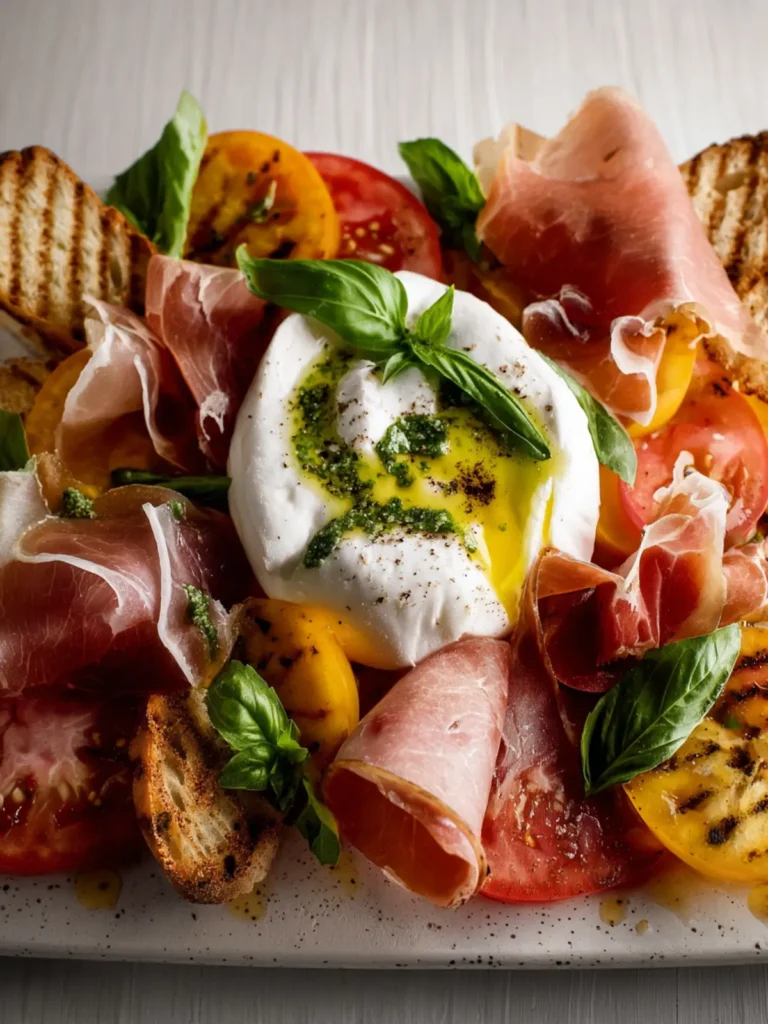 Heirloom Tomato, Prosciutto & Burrata with Garlic-Basil Oil First Image